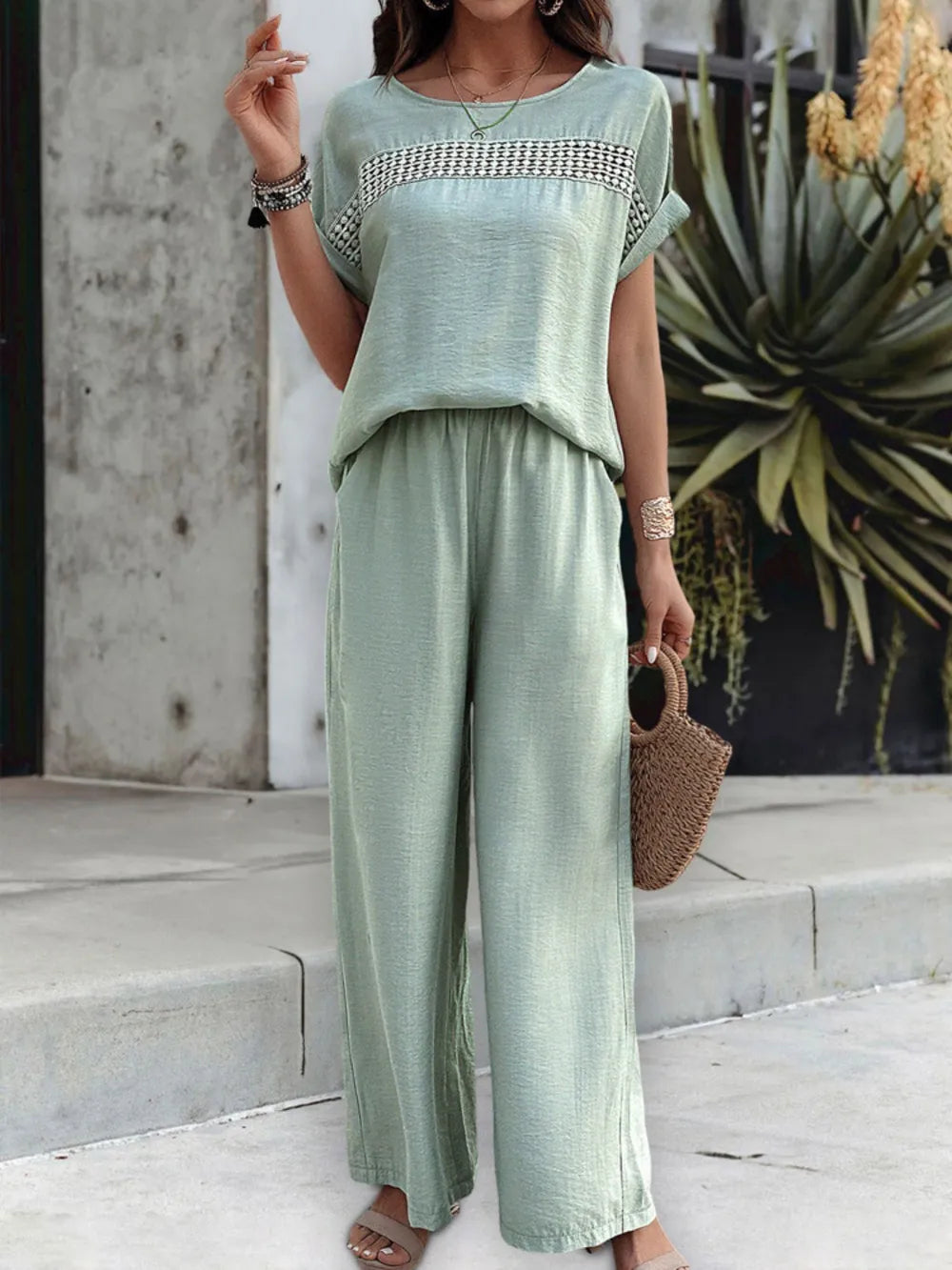 Round Neck Short Sleeve Top and Pants Set - Grace Beauty H&C 