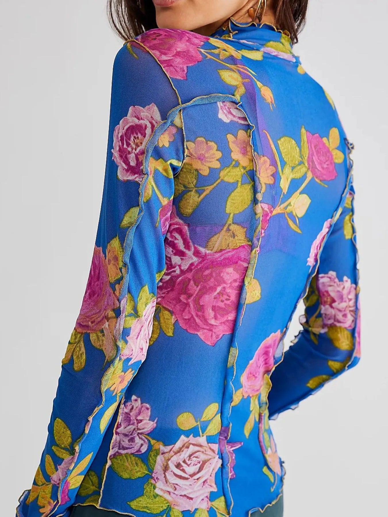 Floral Print Mock Neck Long Sleeve Top - Grace Beauty H&C 