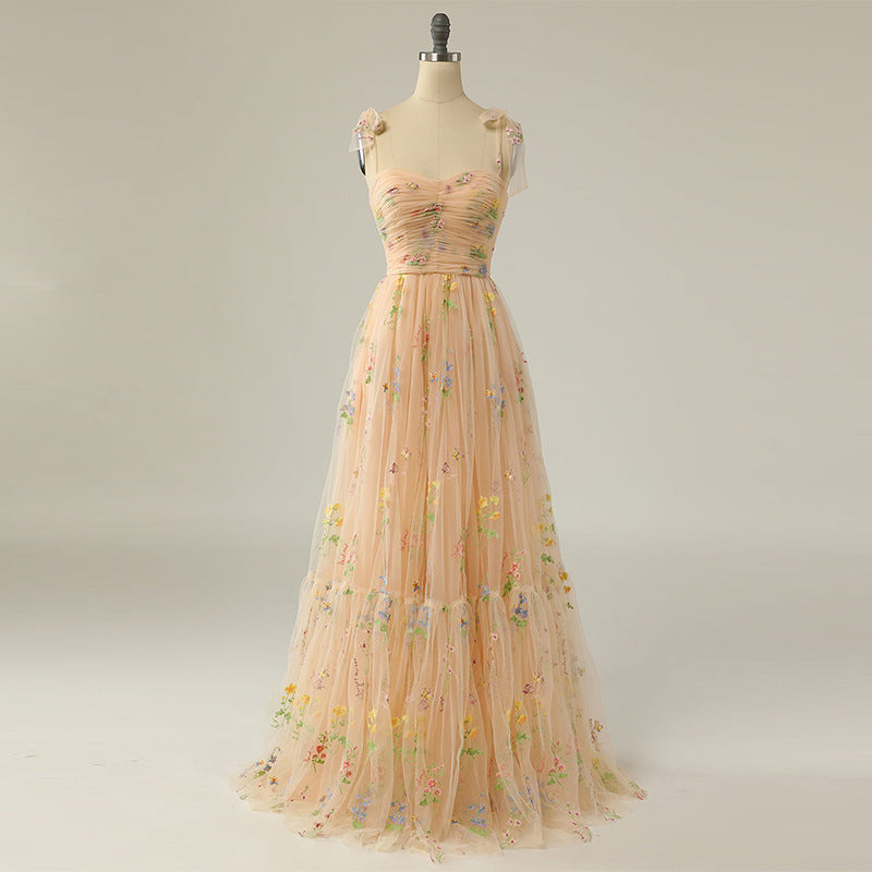 Long Niche Strap Embroidered Heavy Work Floral Dress - Grace Beauty H&C 