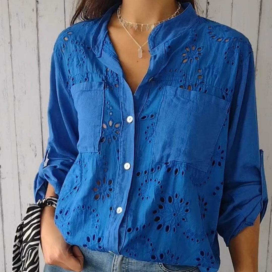 Women's Casual Hollow-out Design Pocket Long Sleeve Button-down Shirt - Grace Beauty H&C 