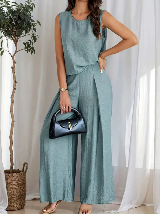 Round Neck Sleeveless Top and Wide Leg Pants Set - Grace Beauty H&C 
