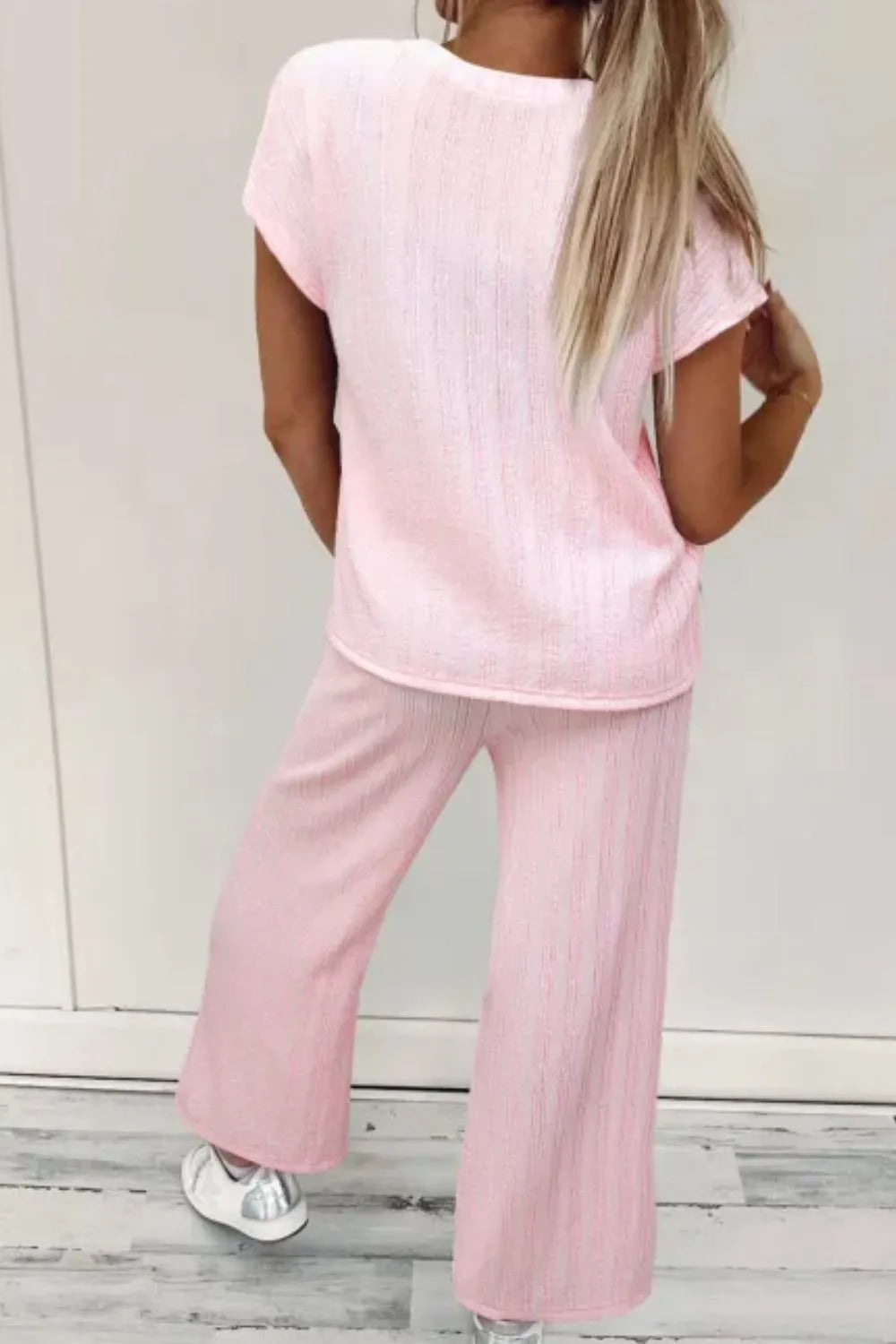 Textured Short Sleeve Top and Pocketed Wide Leg Pants - Grace Beauty H&C 