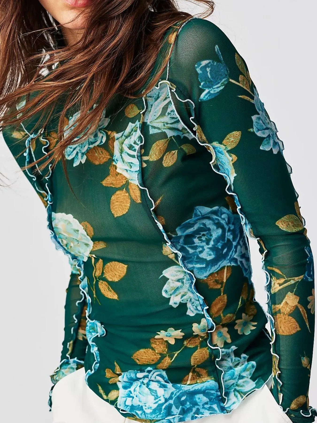 Floral Print Mock Neck Long Sleeve Top - Grace Beauty H&C 